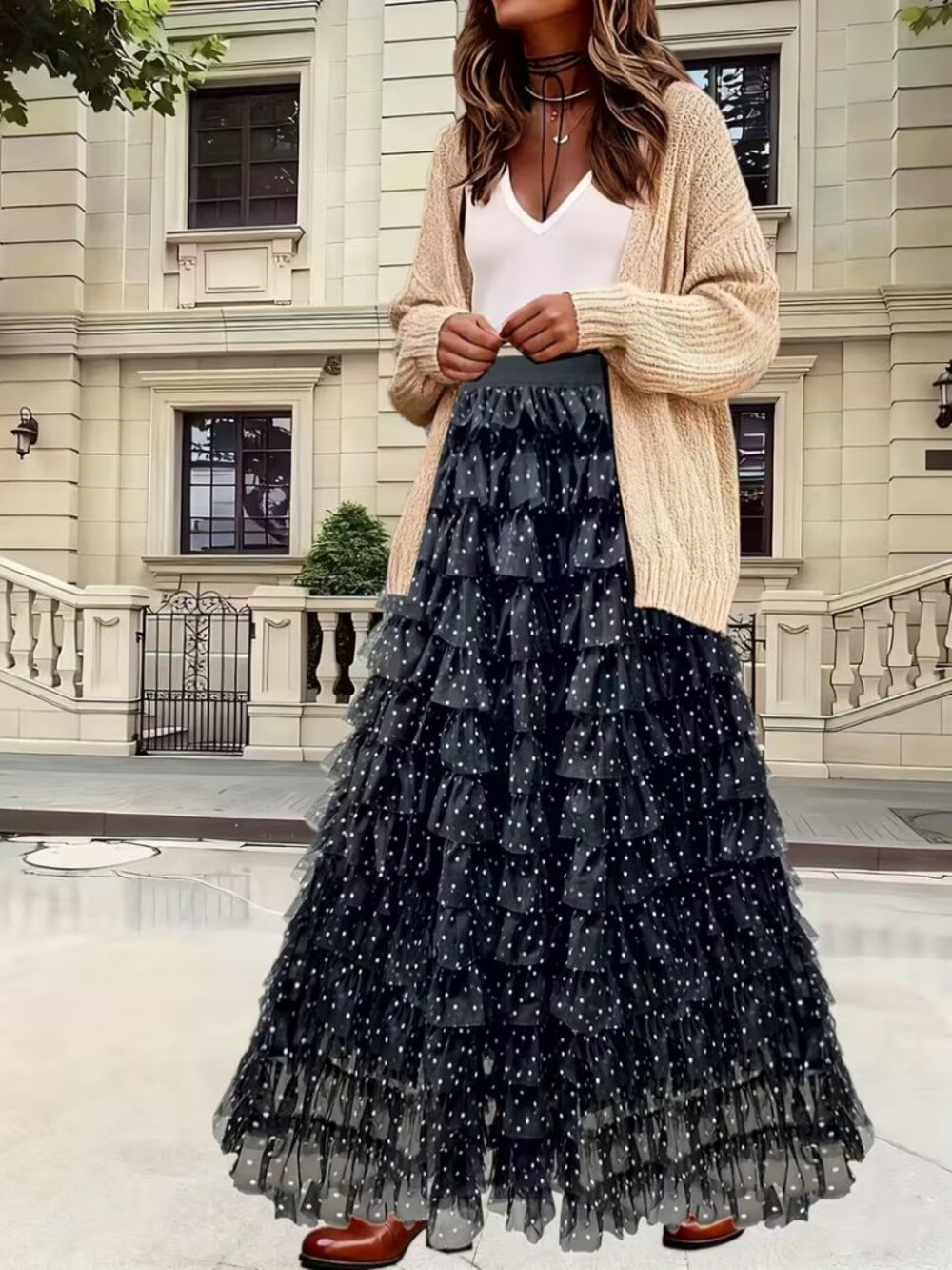 NEW! ULTRA FULL TIERED POLKA DOT MAXI SKIRT SZ L